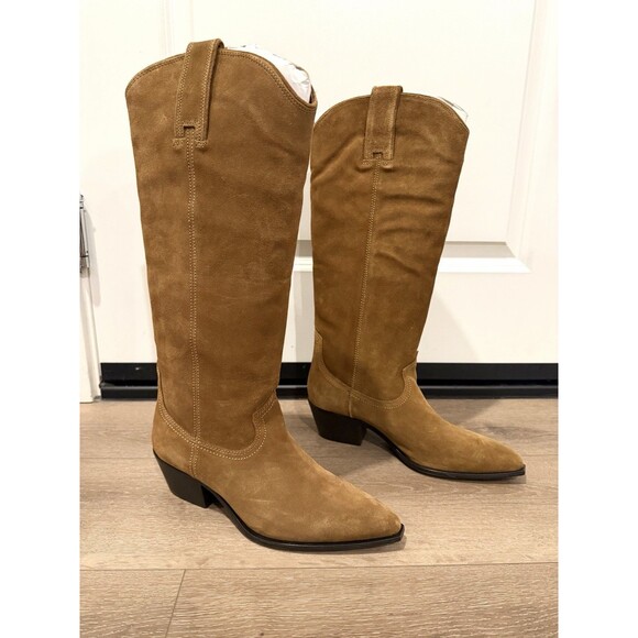 ZARA Sand Brown Split Suede Leather Cowboy Boots NWT Women SIZE US 9 EU 40 - Picture 1 of 10